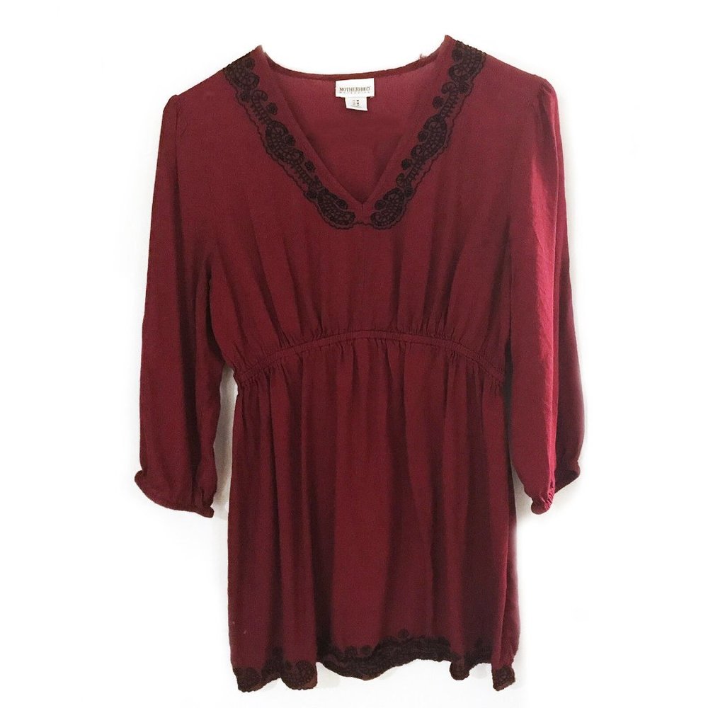 Motherhood Maternity Red Burgundy Shirt Top Embroidery Empire Waist - Sz M